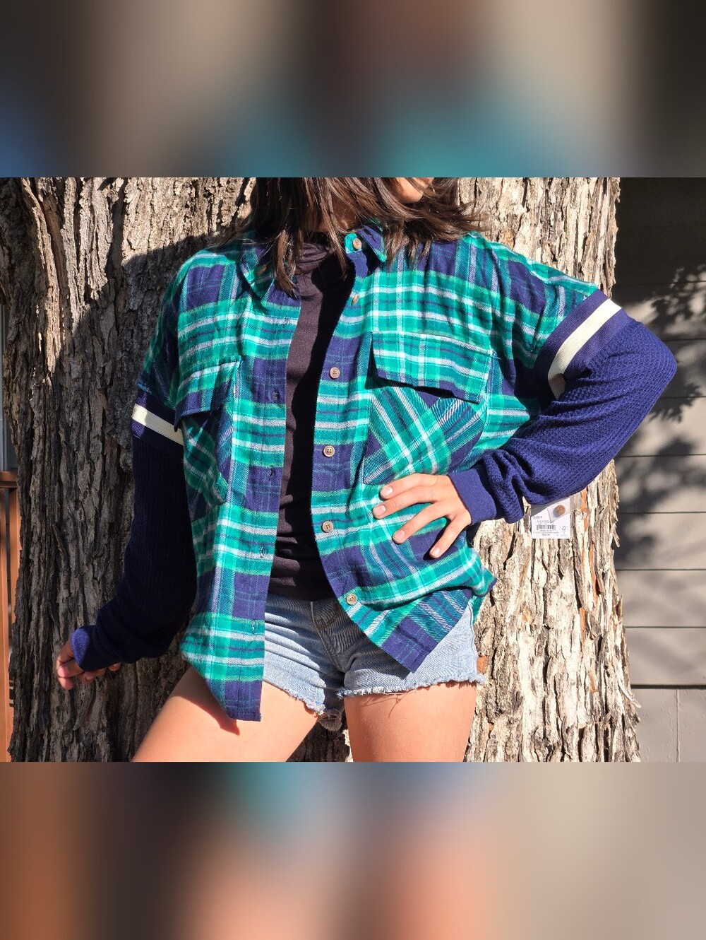 NWT Plaid Green & Blue Button-Up Shirt with Navy Flannel Sleeves, Size Juniors S - Picture 8 of 14